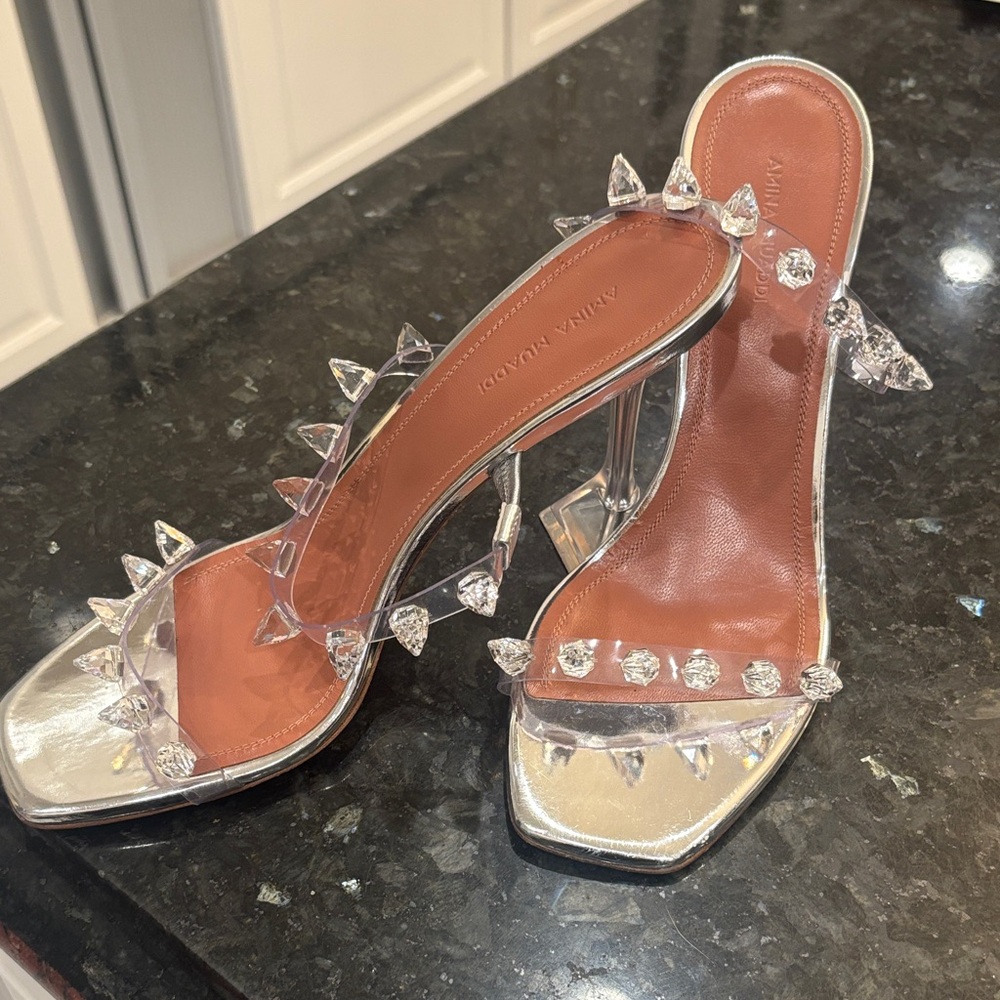 Amina Muaddi Silver Crystal Embellished Heels